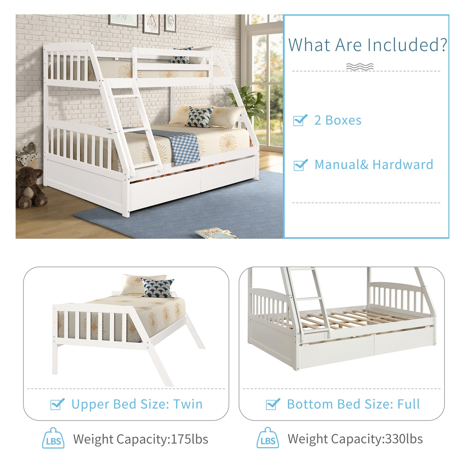 Twin Over Full Bunk Bed with Two Storage Drawers, Pinewood Bed Frame and Ladder with Guard Rails for Toddlers, Kids, Teens, Boys and Girls, White