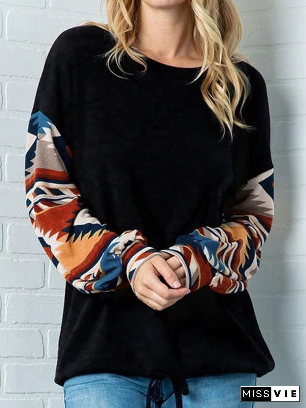 Plus Size Cotton-Blend Tribal Long Sleeve Vintage T-shirt