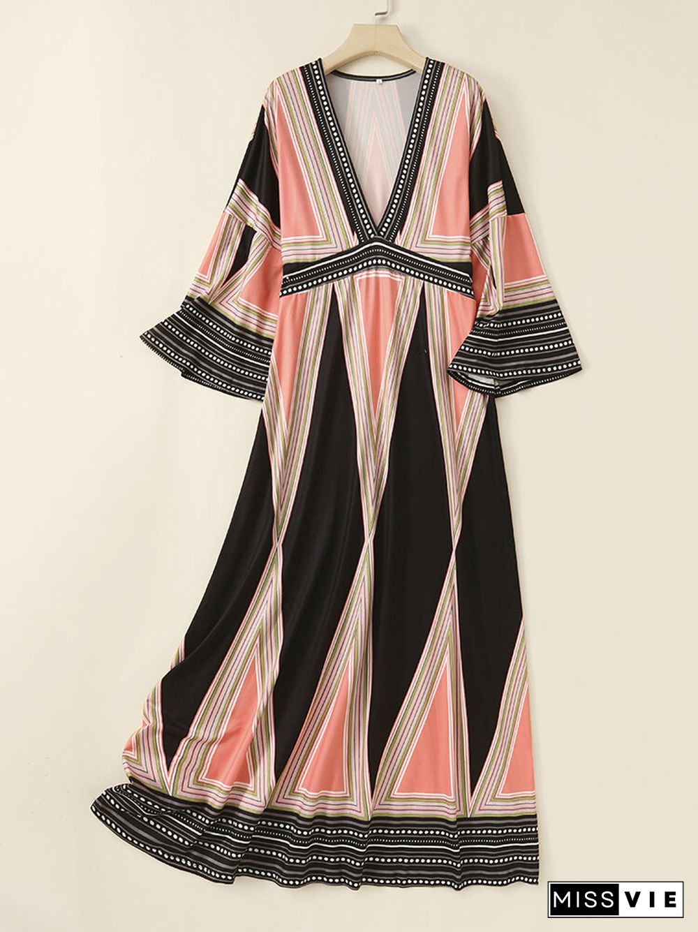 Vintage Geo Printed Deep V-neck Bell Sleeve Maxi Dress