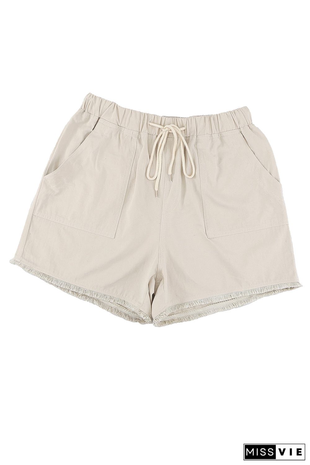 Solid Color Drawstring Frayed Hem Pocketed Shorts