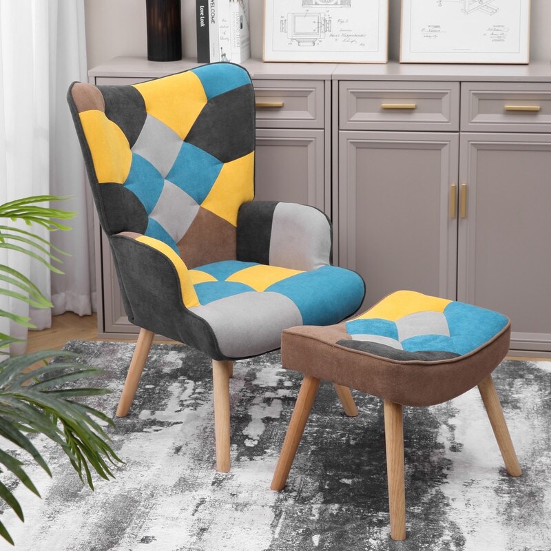 Creative Splicing Cloth Surface Accent Ottoman Chair Set  Comfy Side Armchair for Living Room