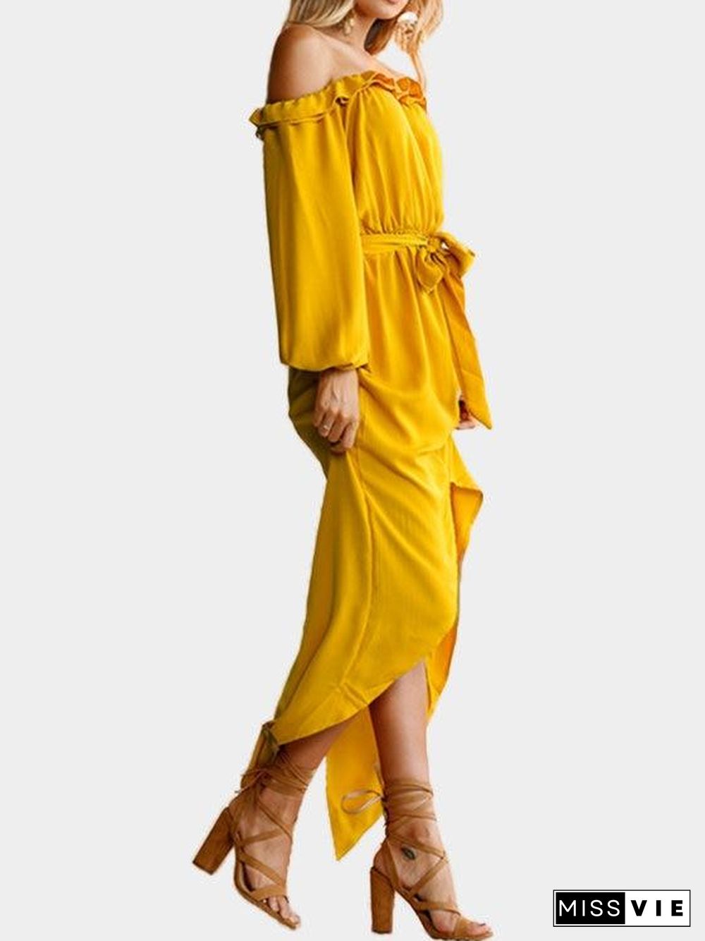 Yellow Off The Shoulder Long Sleeves Split Hem Maxi Dress With Belt