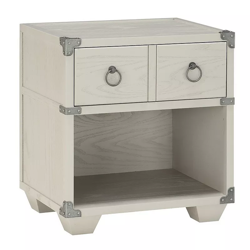 Two Drawer Wooden Nightstand with Metal Ring Pulls， Gray