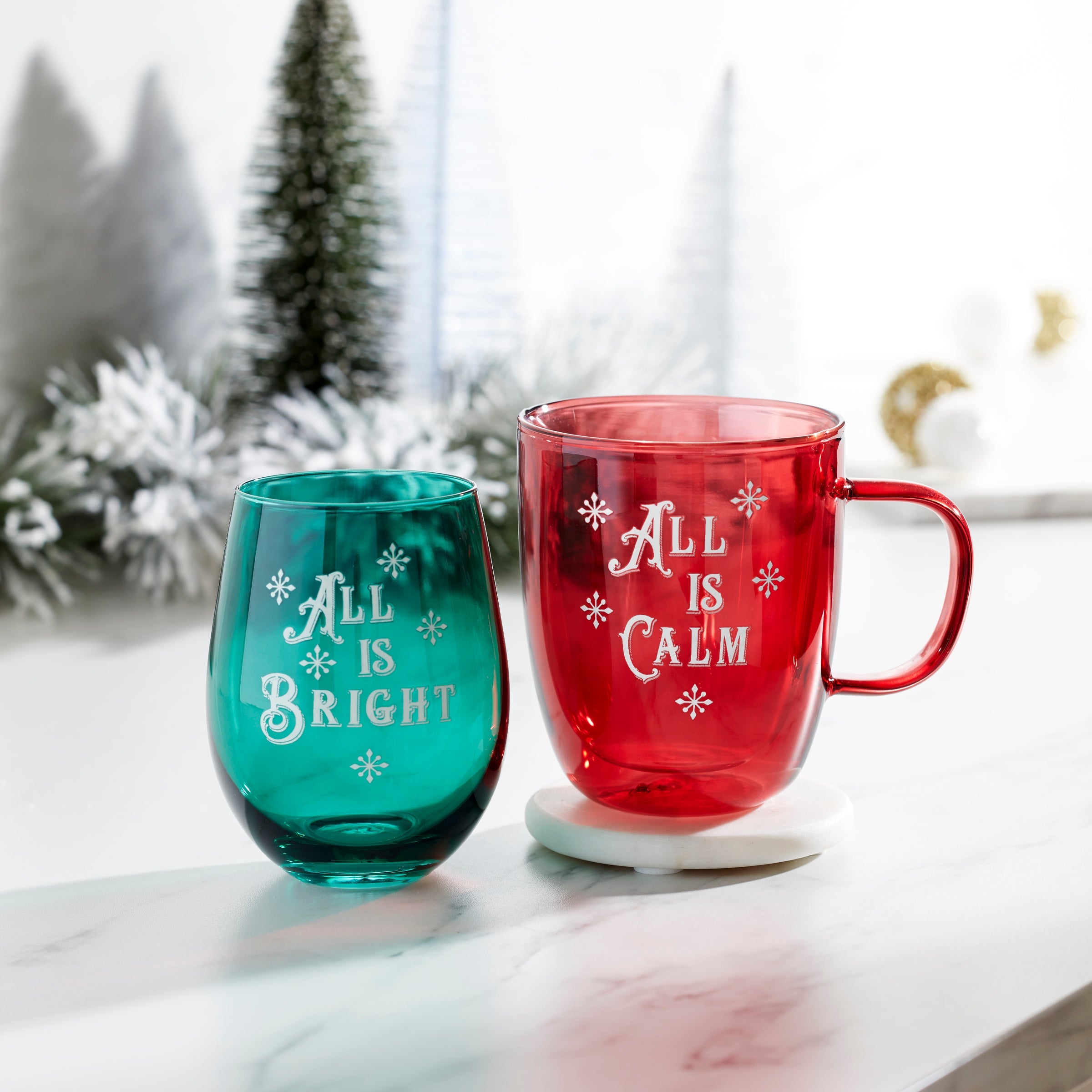 18 Oz Red/Green Mug & Wine Glass, Set Of 2