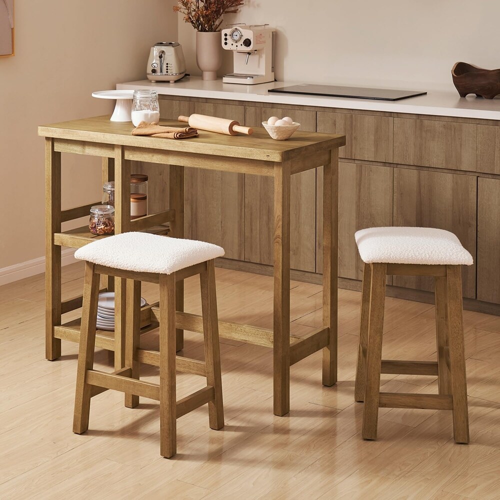 Mopio Kelly Solid Wood Counter Table Set with 2 Boucle stools  3 piece Dining Set  Small Kitchen Island with Storage Shelves