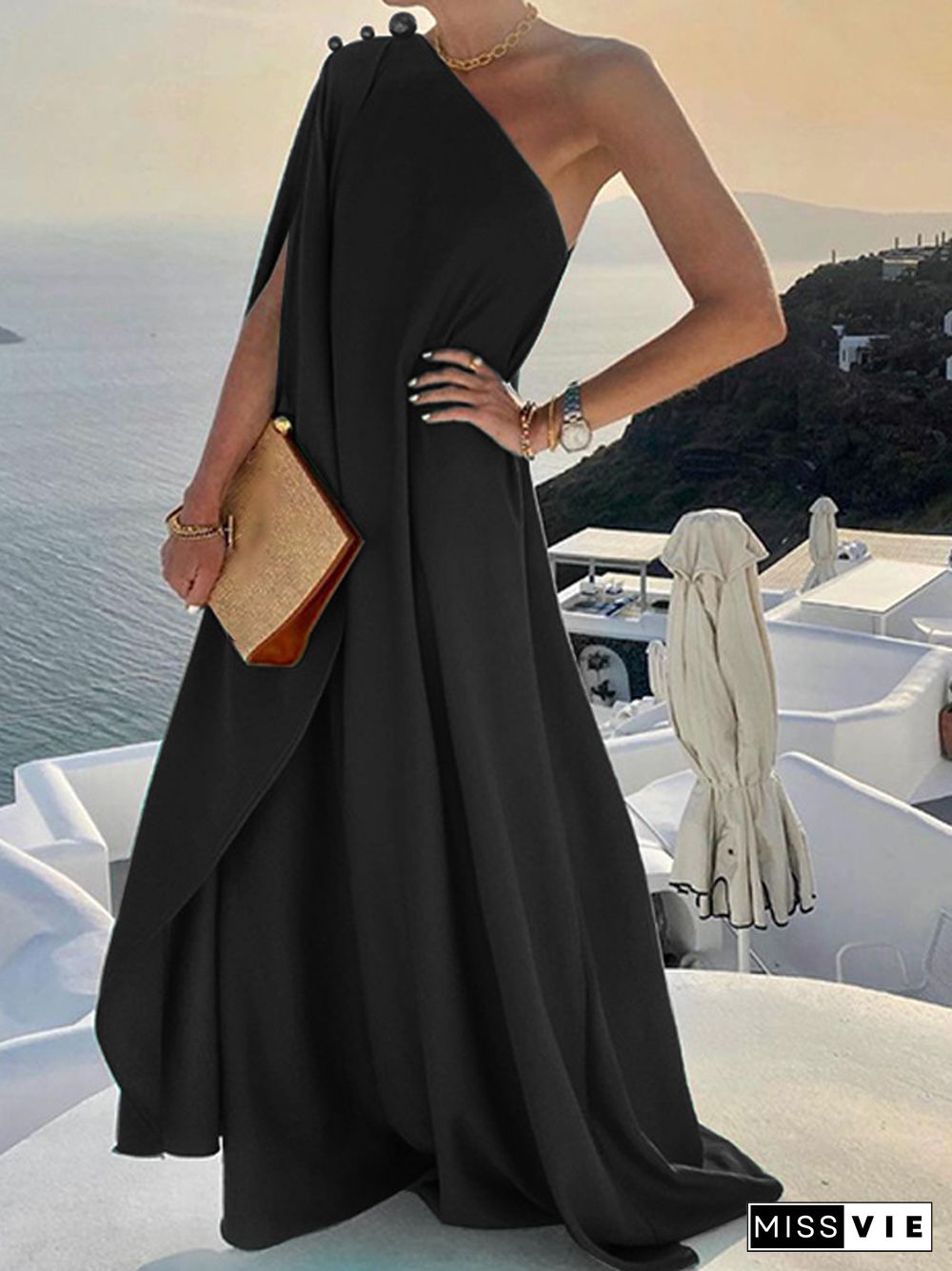 Women Sexy Off Shoulder Boho Long Dress Elegant One Shoulder Loose Party Dress Summer Fashion Button Solid Beach Maxi Dress