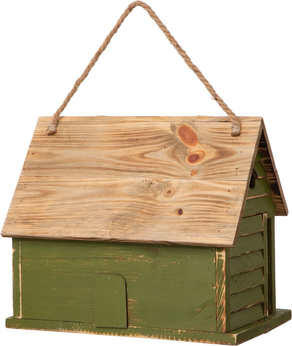 Glitzhome Wood Distressed Garden Birdhouse， Green