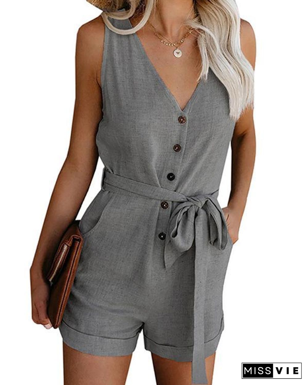 Casual V-neck Button Belt Sleeveless Rompers