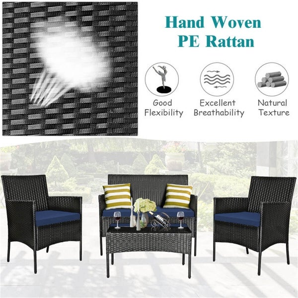 4 Pieces Patio Rattan Cushioned Sofa Set with Tempered Glass Table - Overstock - 37909376