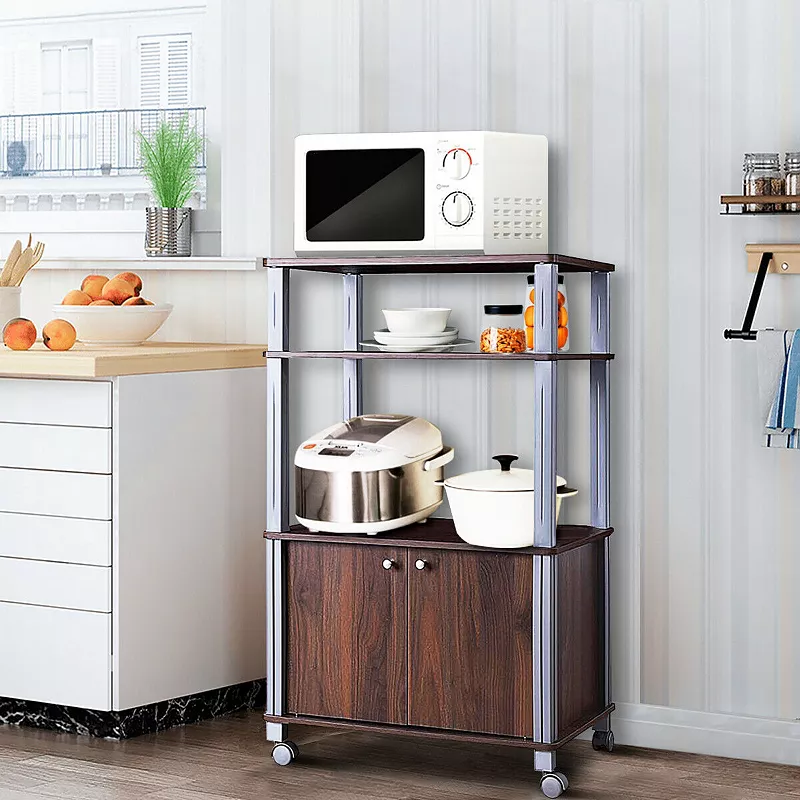 Multifunctional Rolling Kitchen Baker’s Rack with 2-Tier Shelf and Cabinet