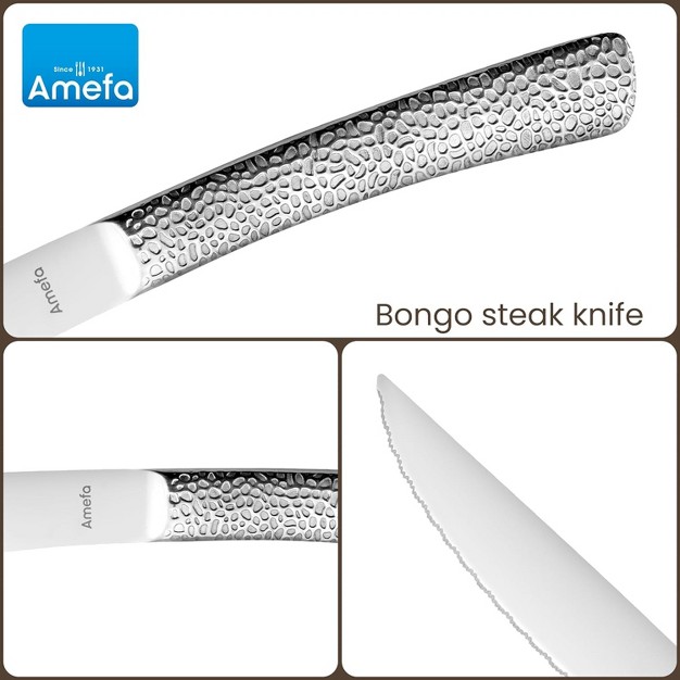 Amefa Bongo Steak Knives Set Of 6 Premium Hardened Stainless Steel Hammered Ergonomic Handle Design Micro Serrated Edge 4 Inch Blade Steak Knife