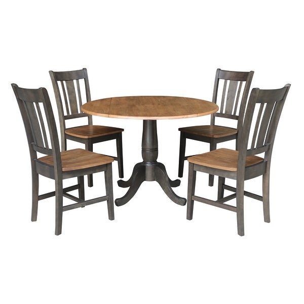 42 in. Round Dual Drop Leaf Dining Table with 4 Splatback Chairs - 5 Piece Set - Hickory/Washed Coal