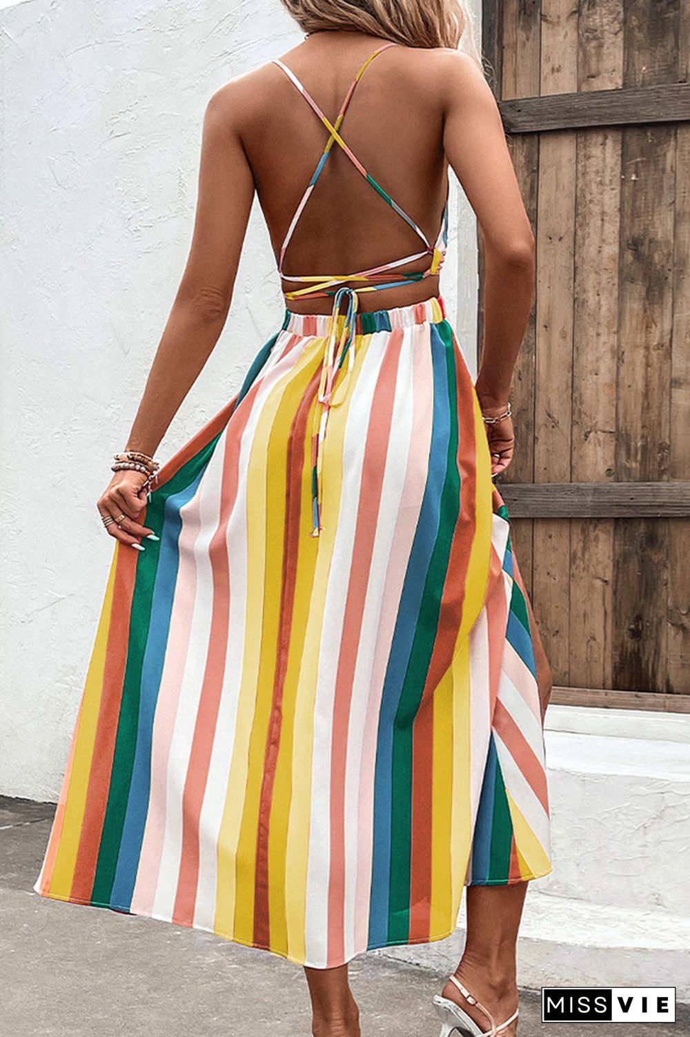 Multicolor Striped V Neck Spaghetti Strap Backless Maxi Dress