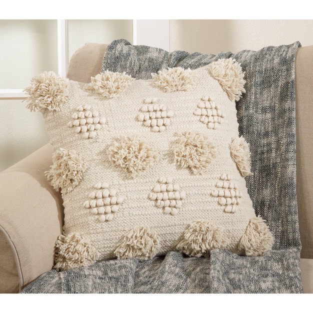 Moroccan Down Filled Pom pom Square Throw Pillow Ivory Saro Lifestyle