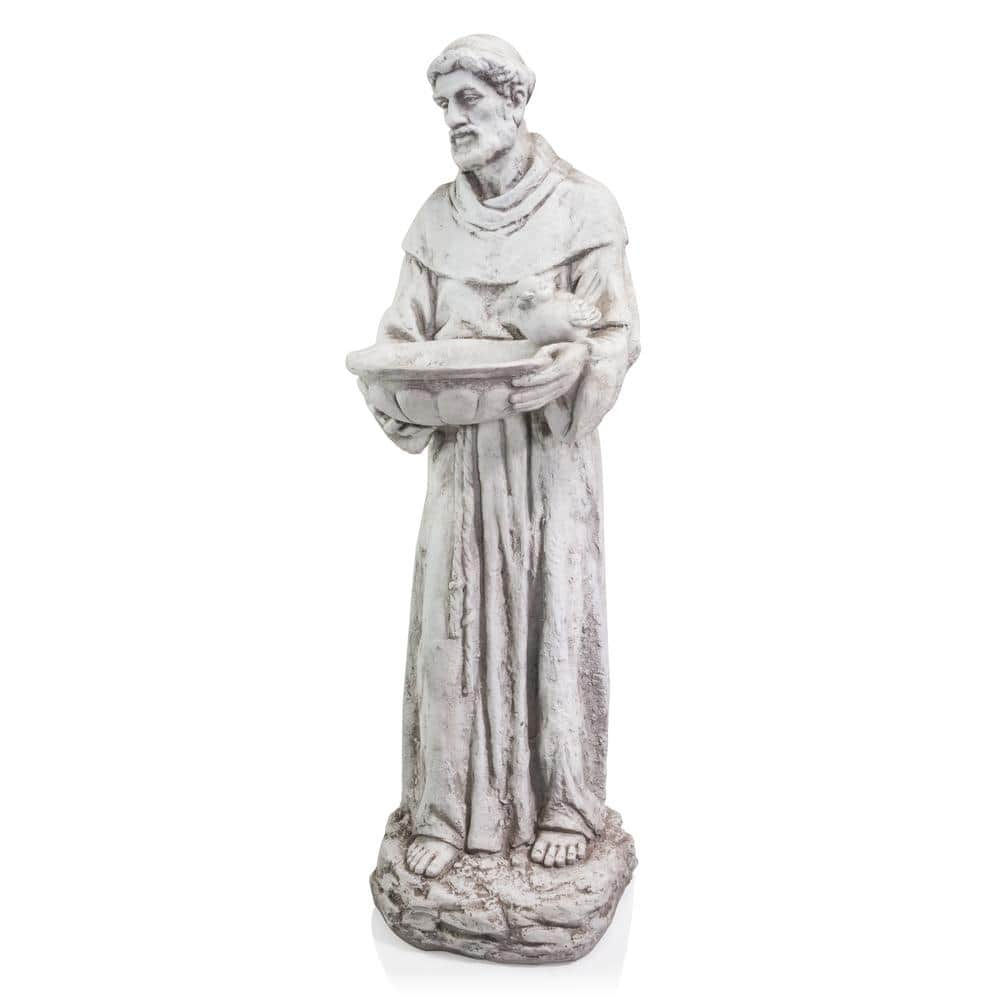 Alpine Corporation 45 in. Tall Outdoor Saint Francis Birdbath Statue Yard Art Decoration, Light Gray QFC106