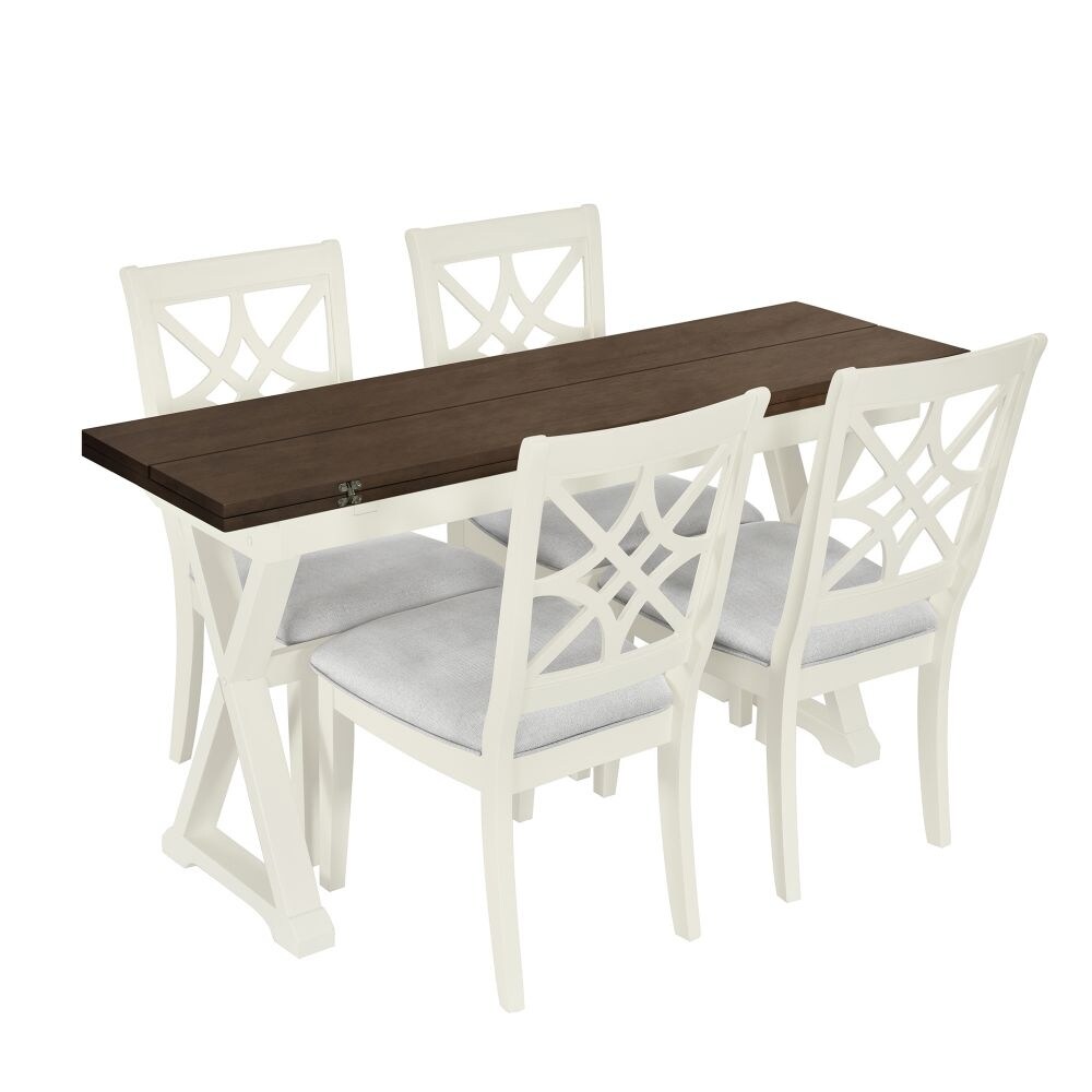 5 Piece 62x35.2inch Extendable Rubber Wood Dining Table Set with X shape Legs