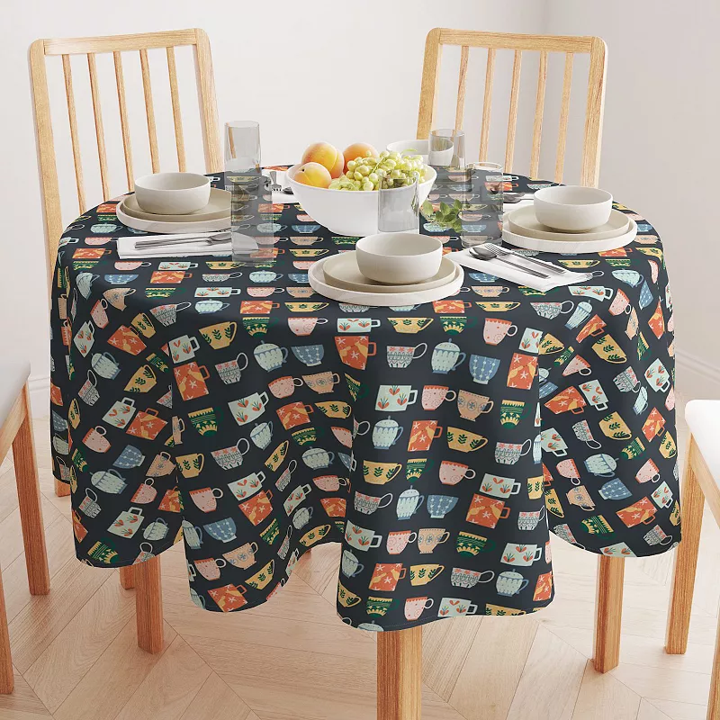 Round Tablecloth， 100% Polyester， 60 Round， Decorated Ceramic Mugs