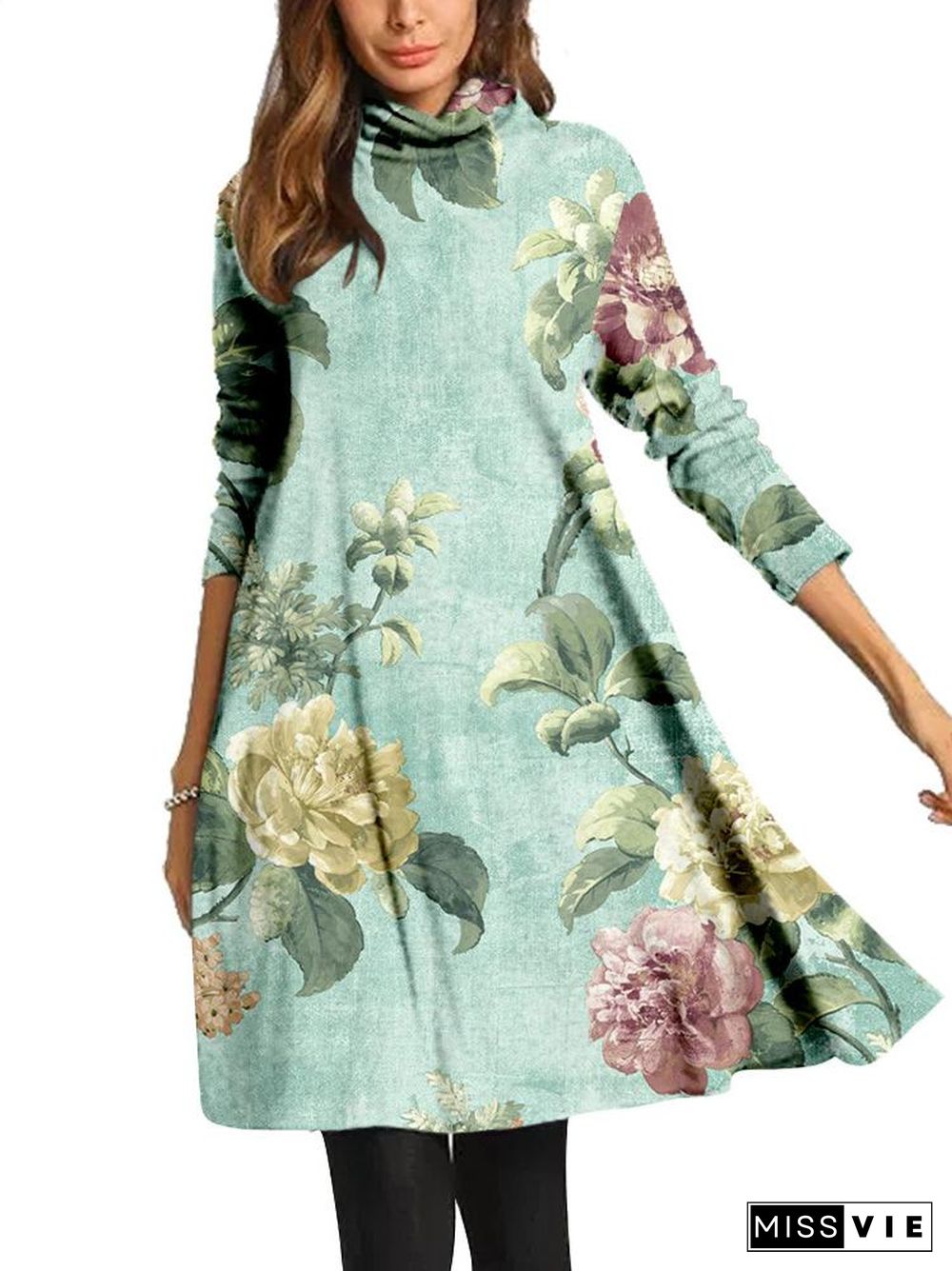 Women Long Sleeve Scoop Neck Printed Midi Dress