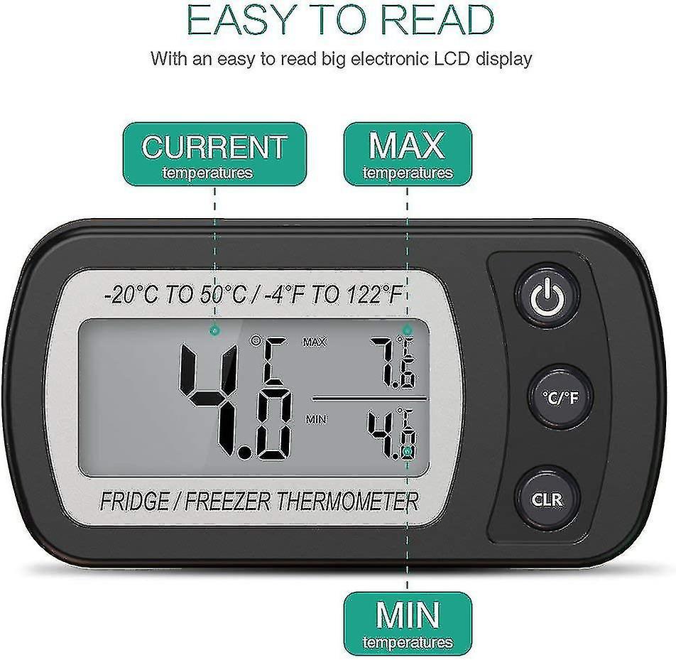 Digital Fridge Thermometer， Waterproof Freezer Thermometer With Hook， Easy To Read Lcd Display， Max/