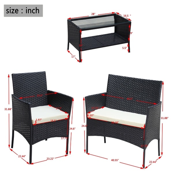 4Piece Wicker Patio Conversation Set with White Cushion