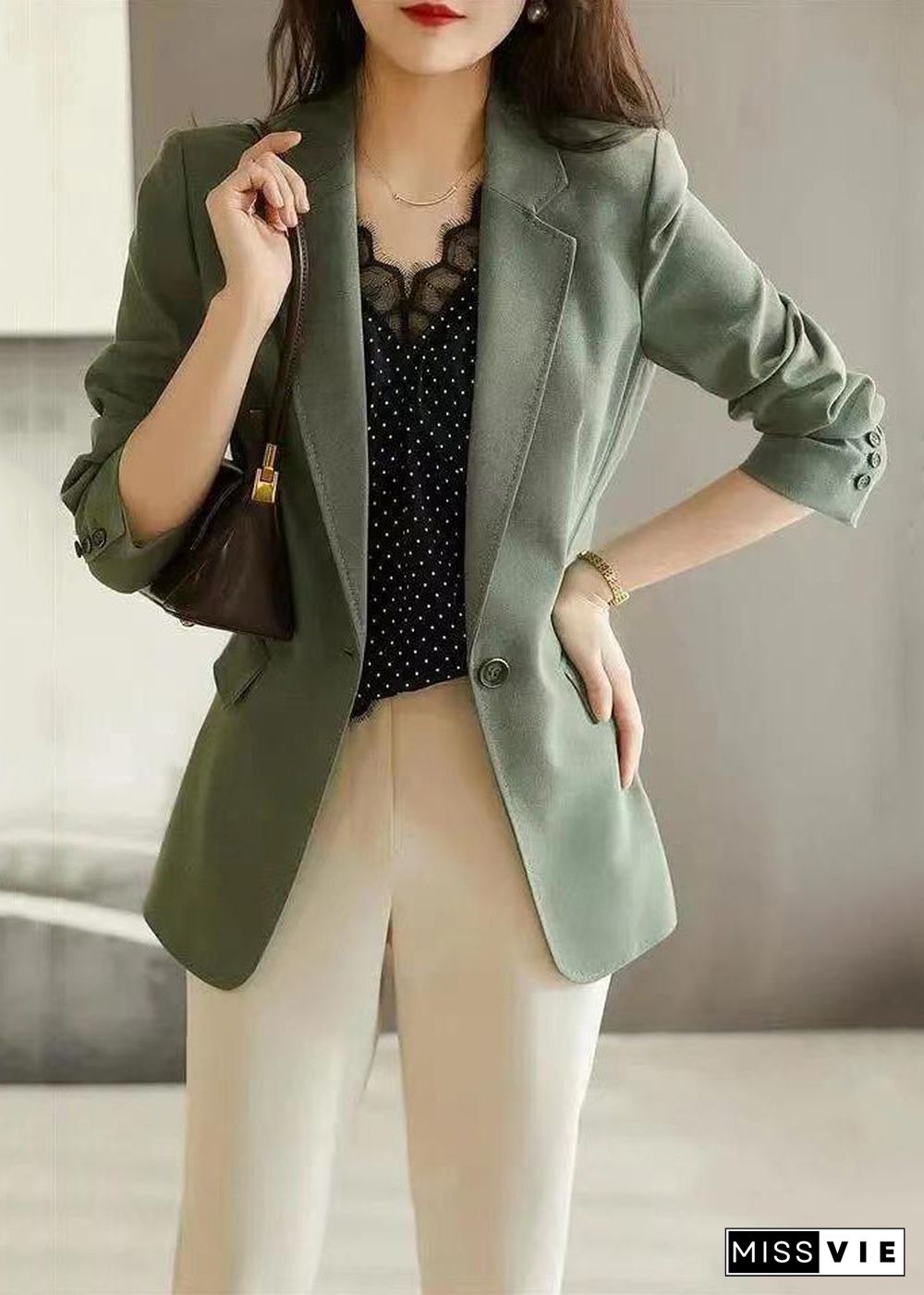 Style Green Notched Button Patchwork Spandex Coat Fall