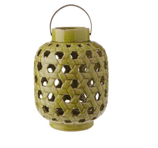 Tea Garden Caladium Leaf Green Glazed Terracotta Crackled Decorative Pillar Candle Lantern