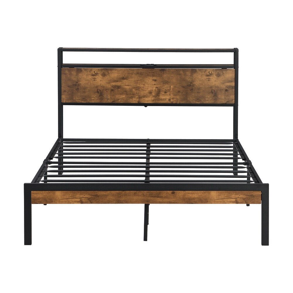 Queen Size Modern Style Metal Platform Bed Frame with Footboard and Wooden Headboard with USB LINER Large Under Bed Storage