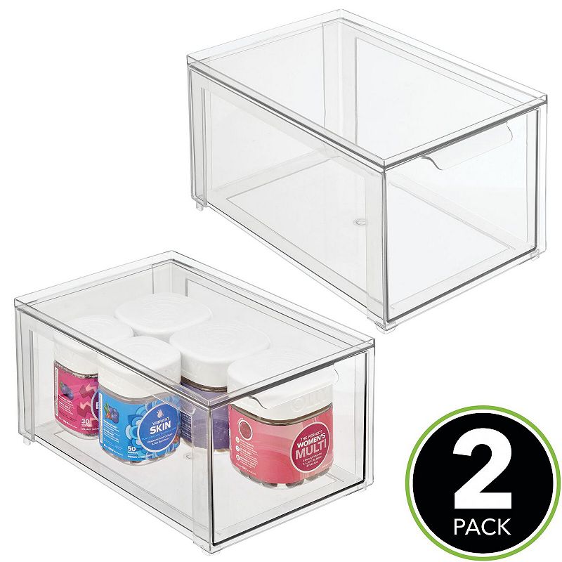 mDesign Clarity 8 x 12 x 6 Plastic Stackable Bathroom Storage Organizer with Drawer， 2 Pack