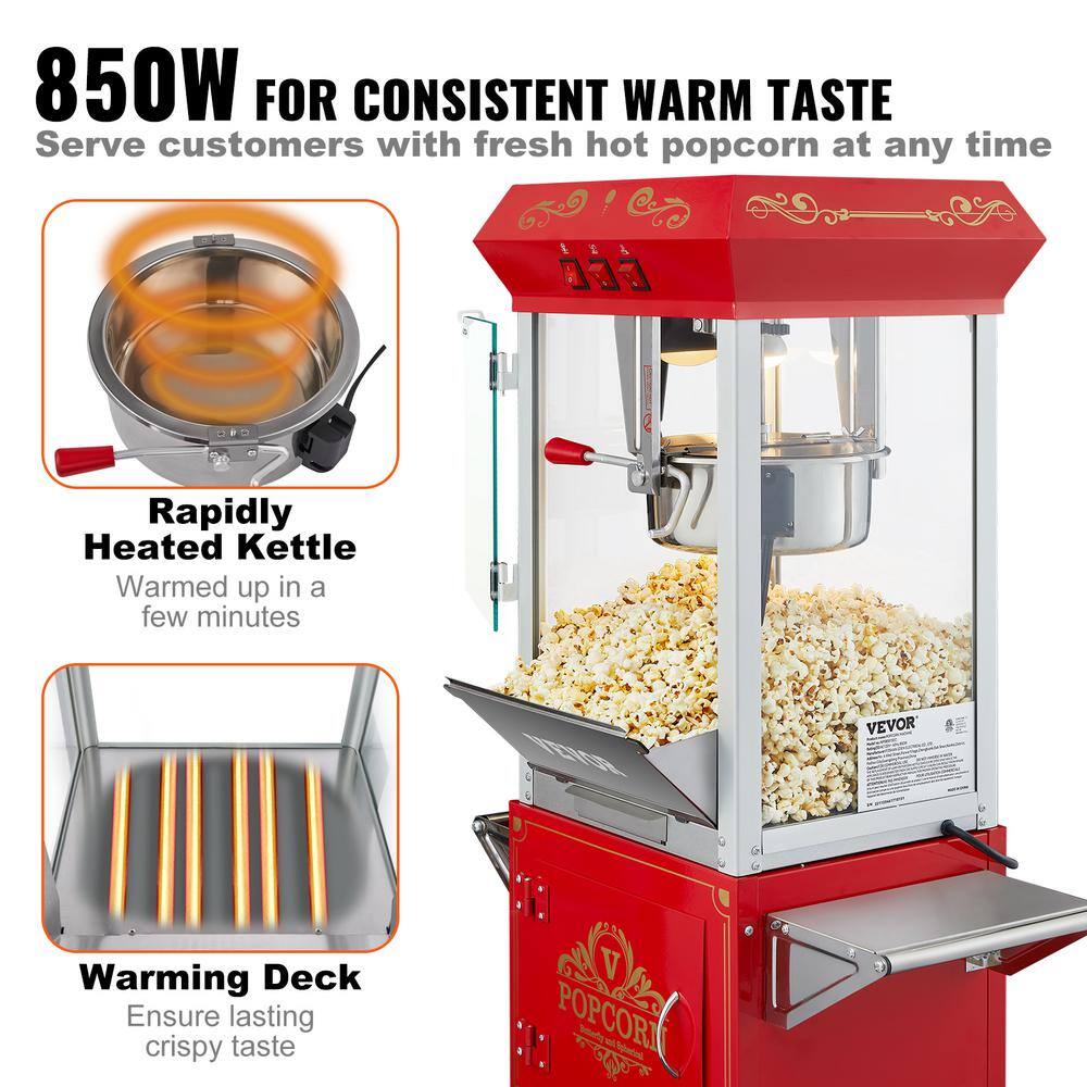 VEVOR 850-Watt 8 oz. Red Popcorn Maker on Wheels Kettle Commercial Popcorn Machine with 3-Switch Control CSBMHJ8OZ850W171EV1