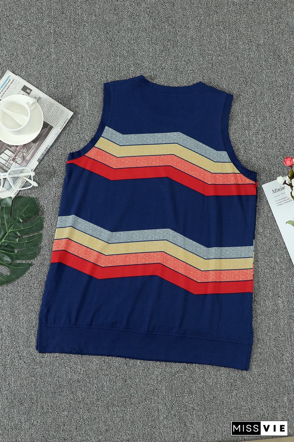 Blue Crew Neck Colorblock Stripes Tank Top