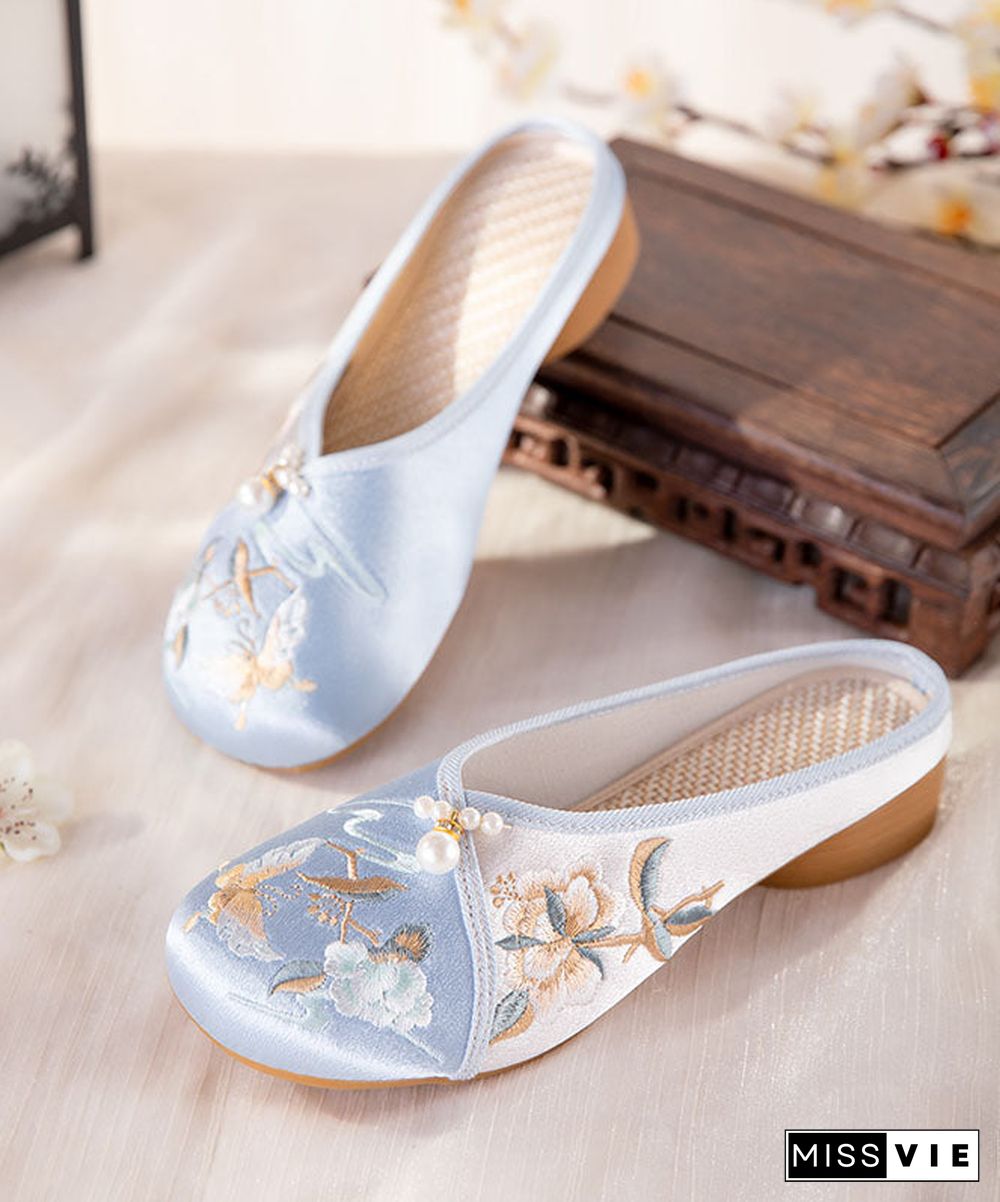 Blue Embroideried Slippers Shoes Women Splicing Cotton Fabric