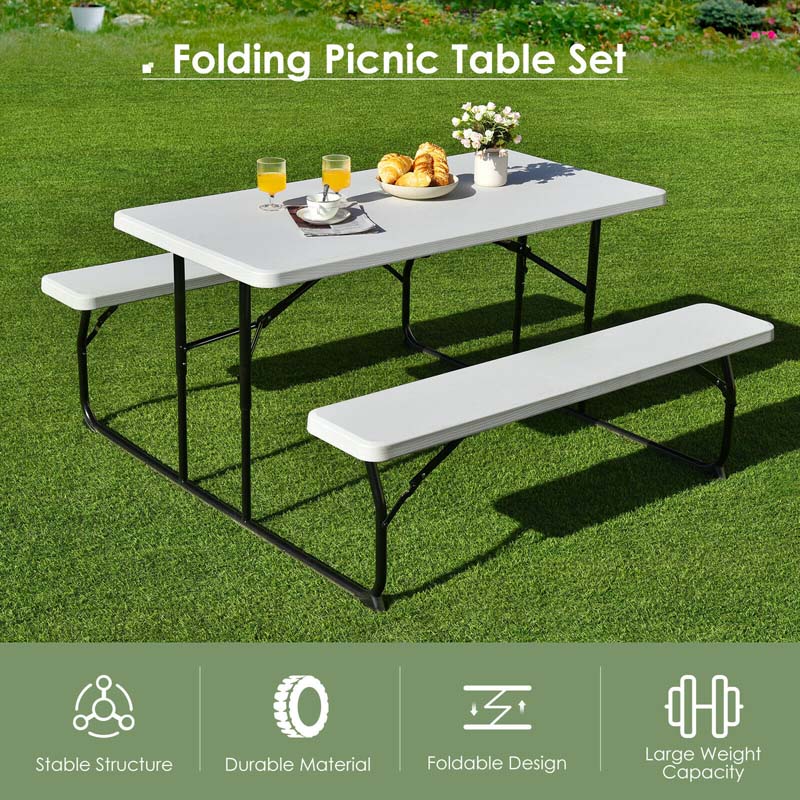 4-Person Folding Picnic Table Bench Set with Wood-like Texture & Metal Frame, Portable Outdoor Camping Dining Table Set