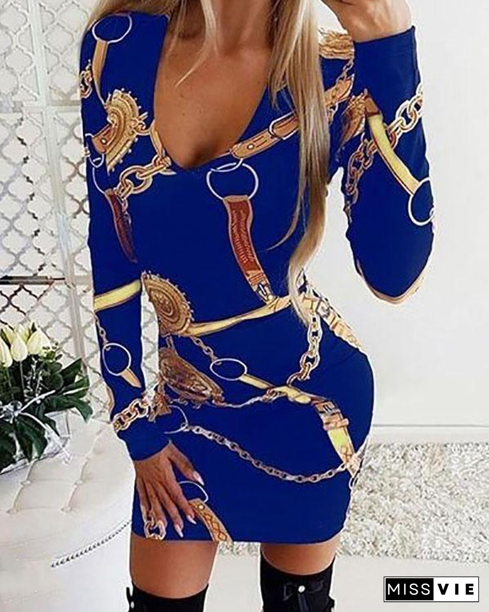 Womens Deep V Neck Dresses Floral Midi Dresses Print Long Sleeve Bodycon Dress