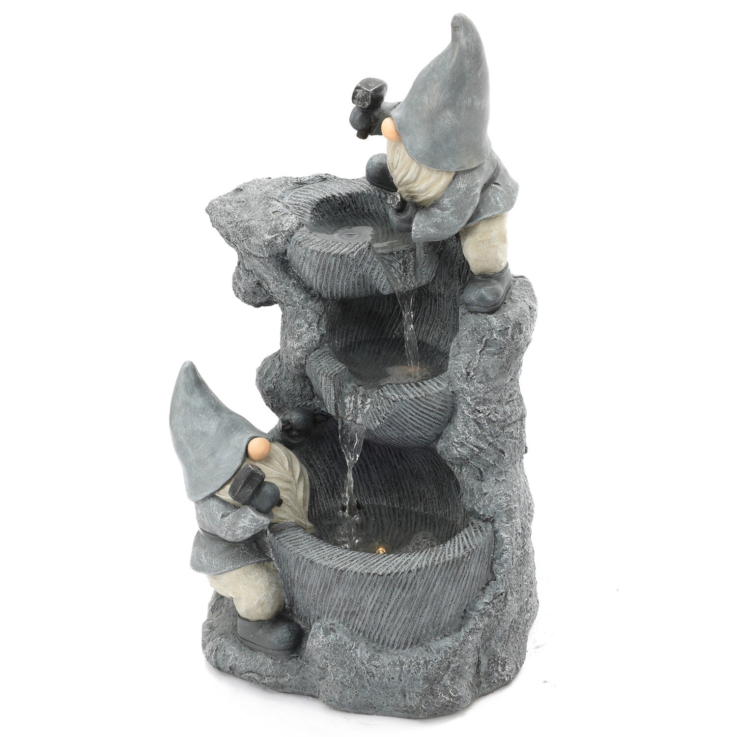 LuxenHome Gray Resin Gnomes Rock Bowl Outdoor Fountain with LED Lights