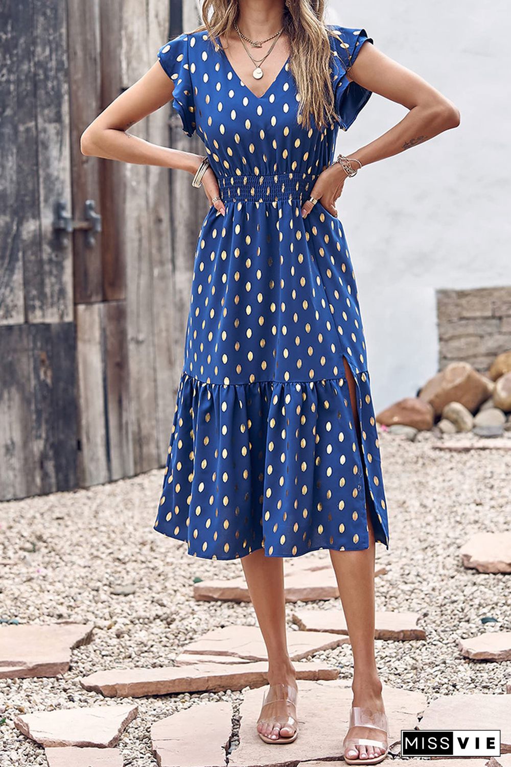 V Neck Foil Spot Print High Waist Midi Dress