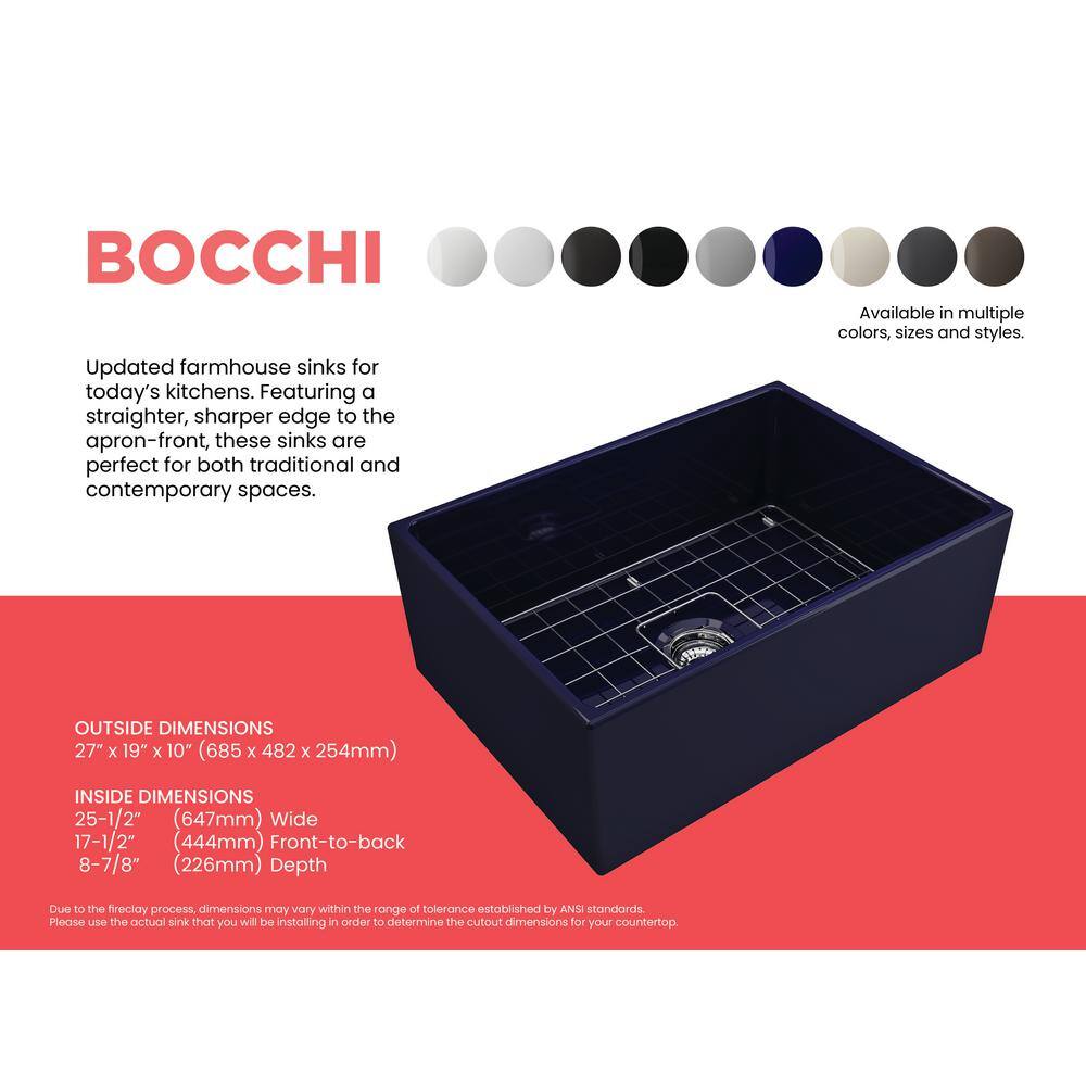 BOCCHI Contempo FarmhouseApron-Front Fireclay 27 in. Single Bowl Kitchen Sink with Bottom Grid and Strainer in Sapphire Blue 1356-010-0120