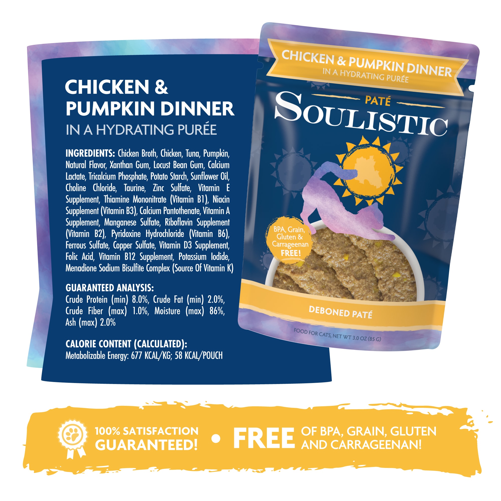 Soulistic Pate Chicken  Pumpkin Dinner in a Hydrating Puree Wet Cat Food， 3 oz.， Case of 8