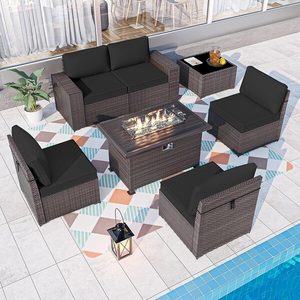 Kullavik 7 Pieces Rattan Outdoor Patio Furniture Sofa Set with Firepit