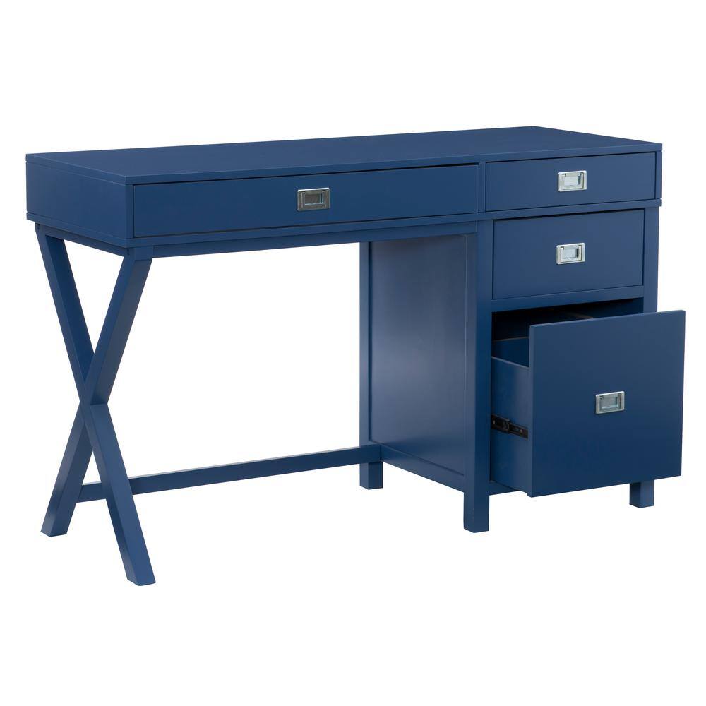 Linon Home Decor Sara 48 in. W Rectangle Navy Blue Wood 4-Drawer Computer Desk with Side Storage THD02966