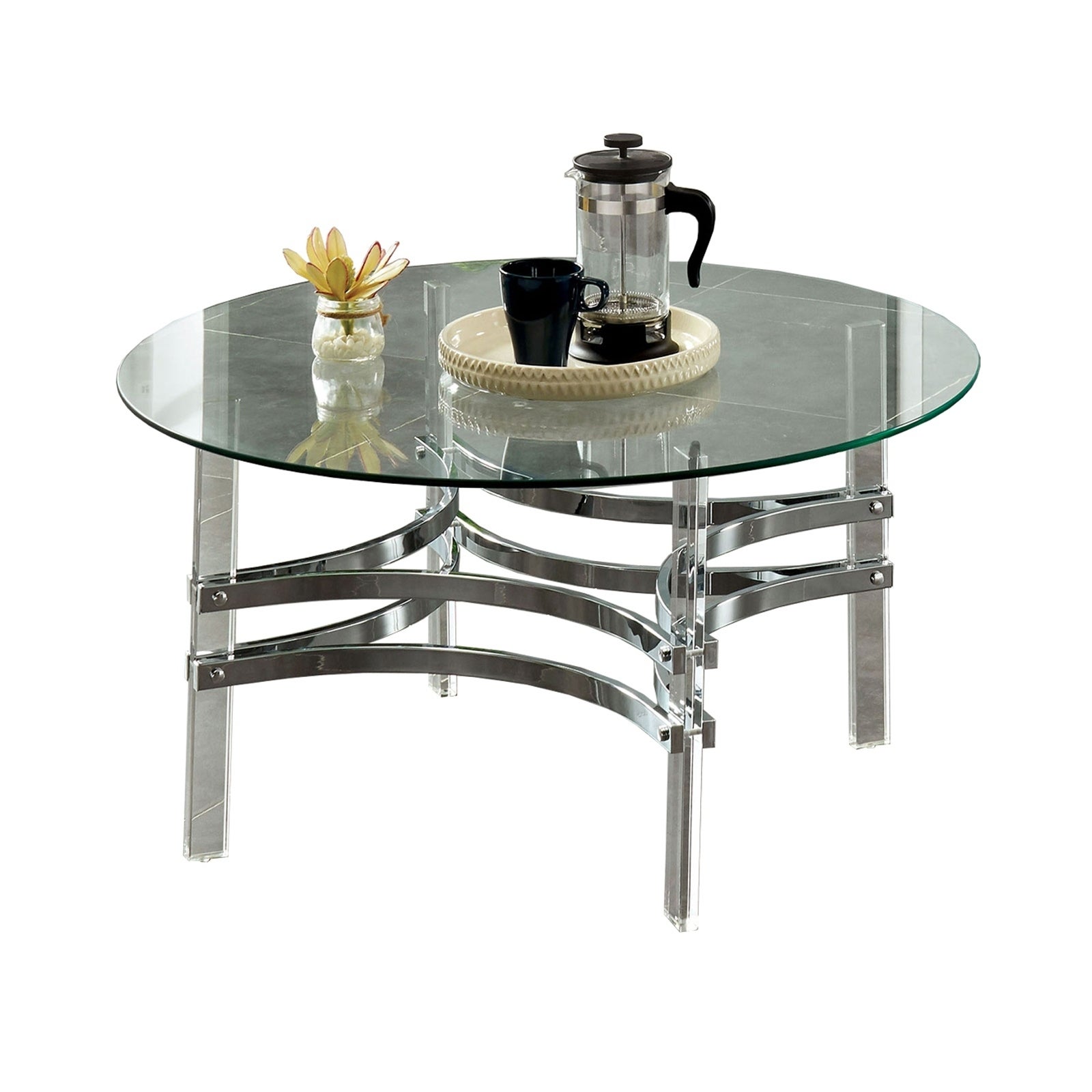 Coffee Table with Acrylic Legs and Metal Supports， Silver and Clear