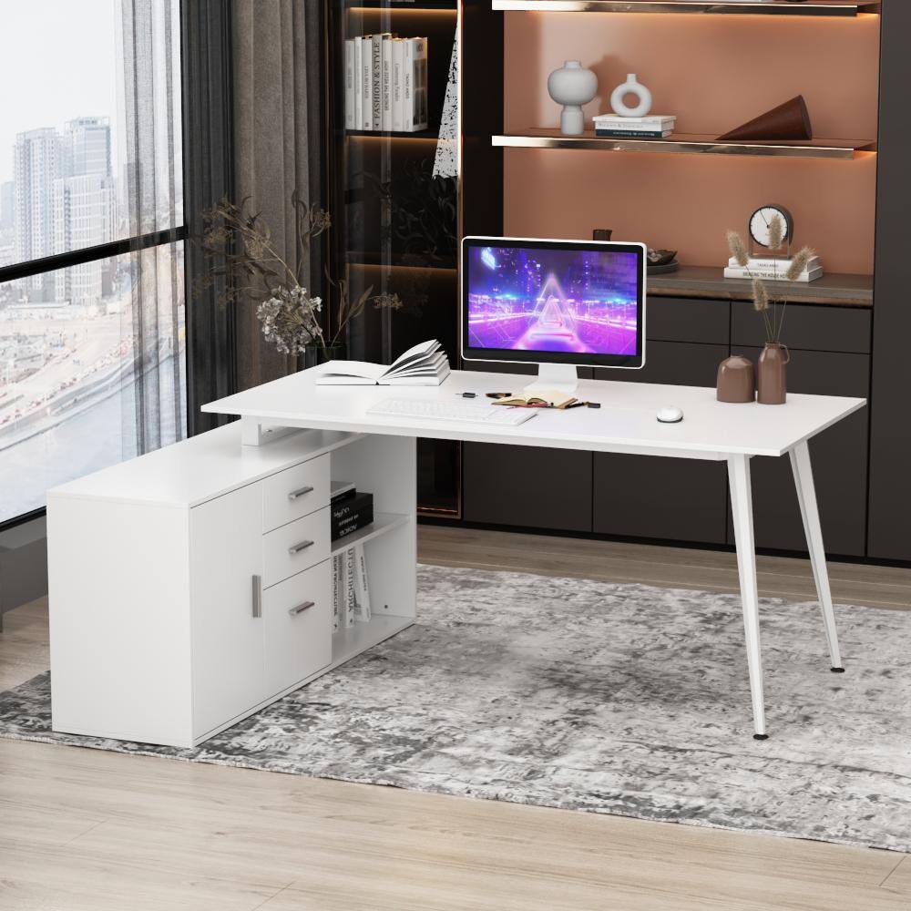 FUFUGAGA 63 in. W-28.7 in. H White Computer Desk with 3-Drawers 1-Storage Cabinet and 2-Adjustable Shelves DRF-KF210153-12