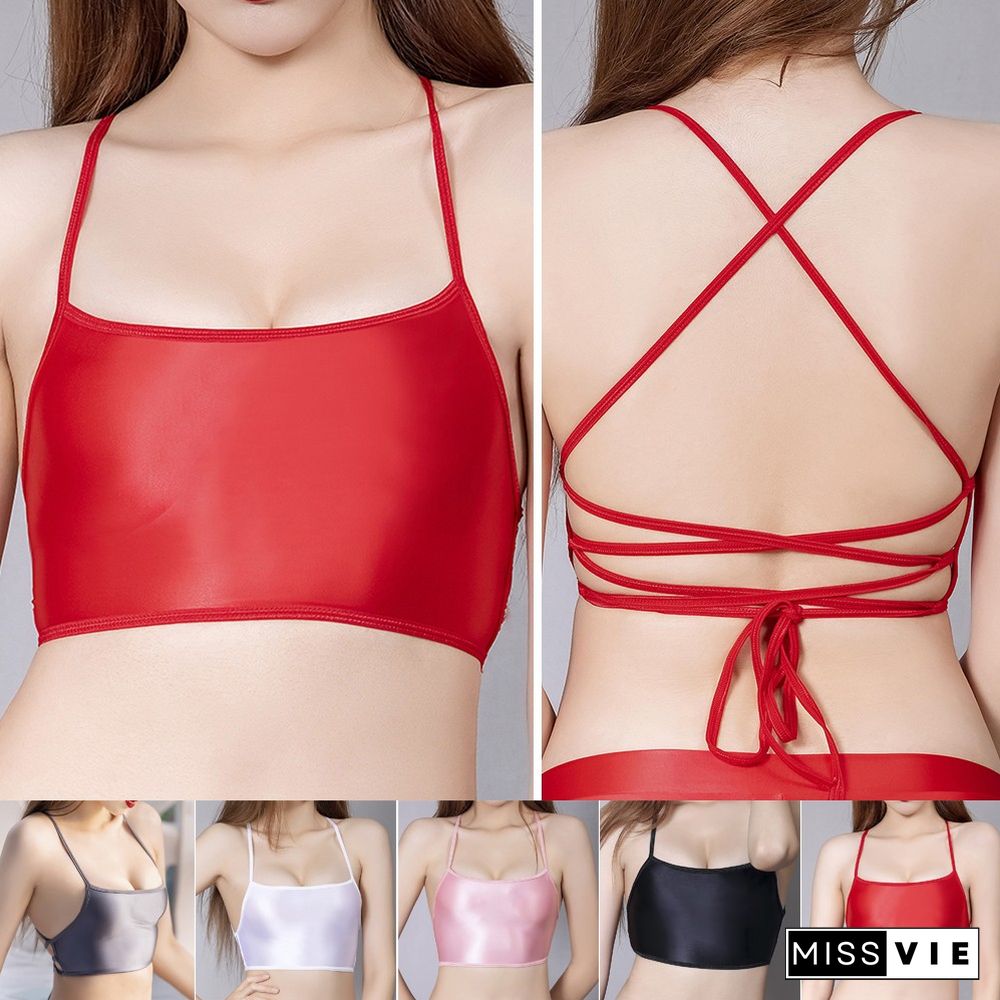 Women Sexy Backless Bandage Crop Top Shiny Glossy Bustier Bralette Camisole Tank See Through Candy Color Pink Top Hot Sale