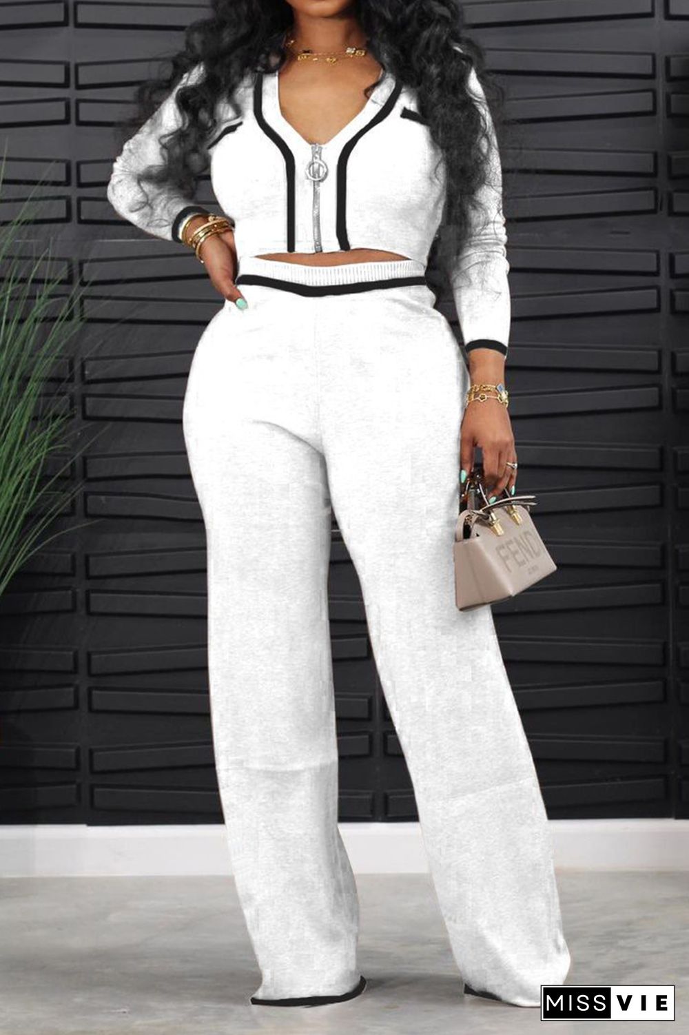 Contrast Binding Zip Up Crop Top & Pants Set