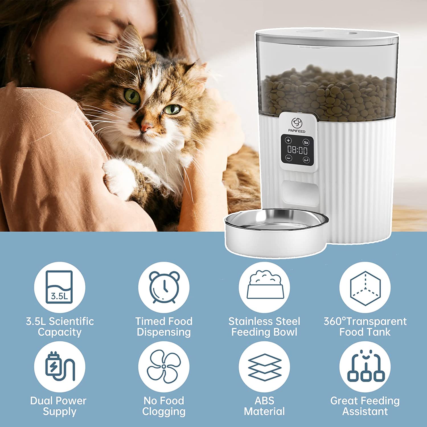 Timed Automatic Cat Feeders: Pet Smart Dry Food Dispenser with Stainless Steel Bowl， Programmable Portion Control Auto Feeder， Outdoor Battery Operated Up to 30 Days， for Cats and Small Dogs…