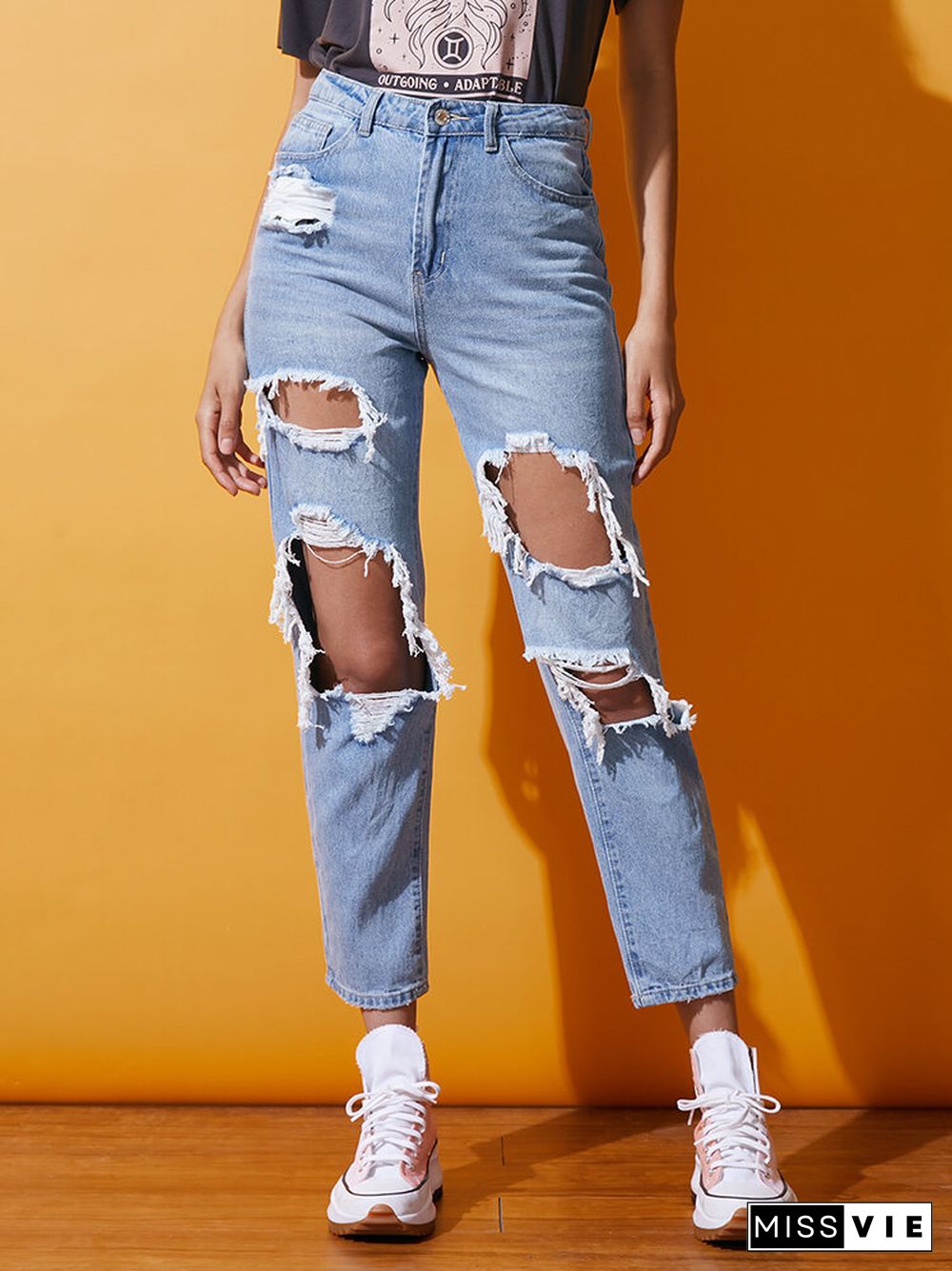 Ripped Pocket Zip Front Button Casual Denim Jeans