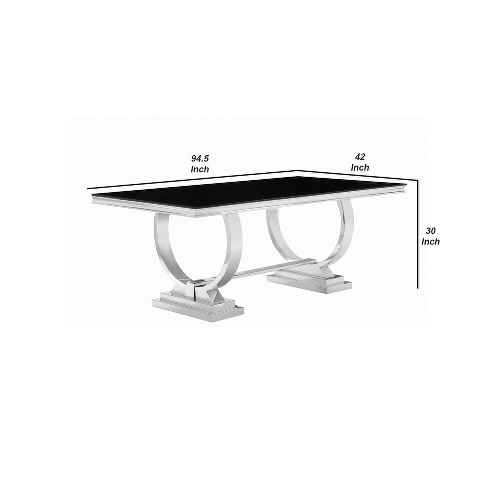 Dining Table with Glass Top and Trestle Base  Black and Chrome