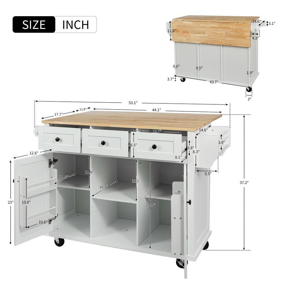 Zeus  Ruta White Rubber wood 53 in. Kitchen Island Drop-Leaf Countertop Cabinet door internal storage racks 5-Wheels 3-Drawers XIN-UTPEZB3