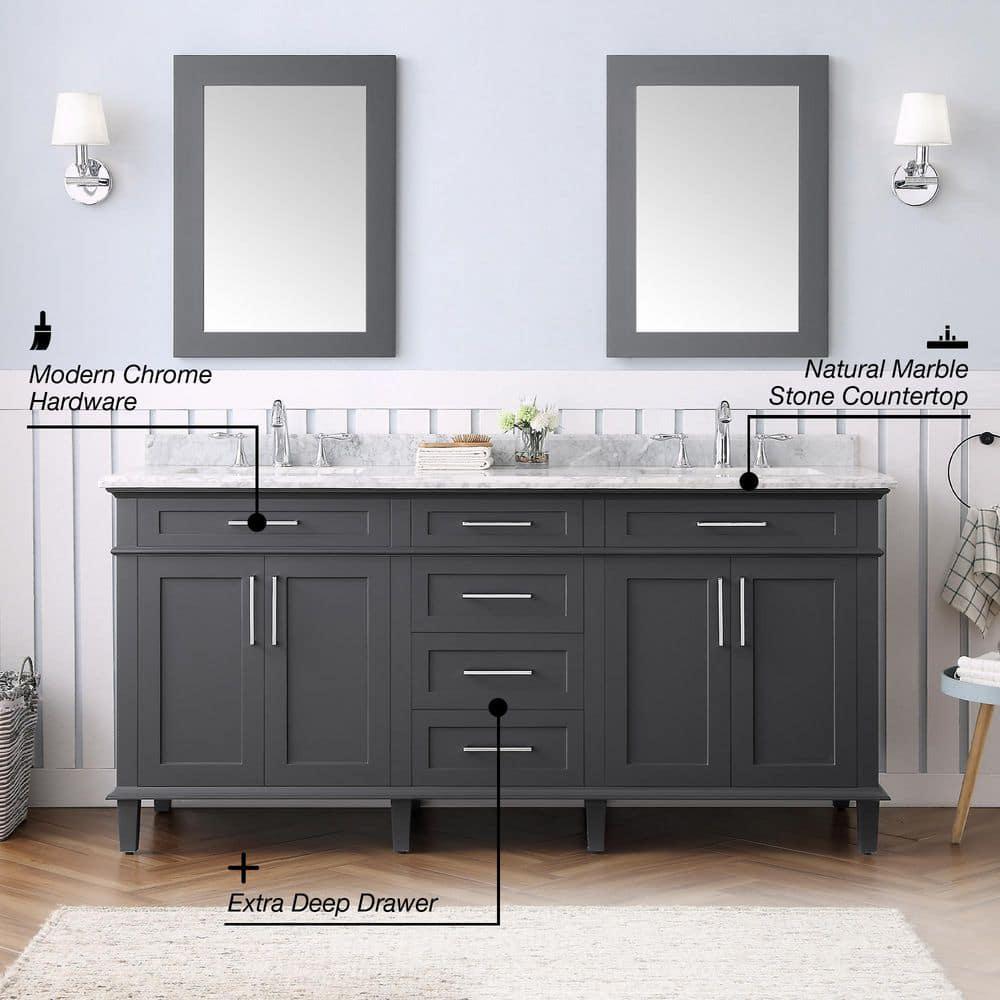 Home Decorators Collection Sonoma 72 in W x 221 in D x 343 in H Freestanding Bath Vanity in Dark Charcoal with Carrara Marble Marble Top