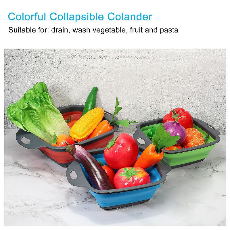 Collapsible Colander Set， 3 Pcs Silicone Square Foldable Strainer， Small