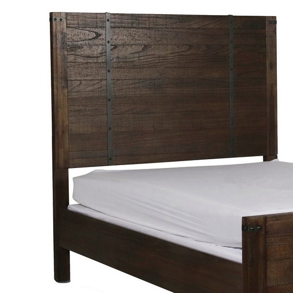 Queen Size Plank Style Headboard with Metal Strips and Rivet Accents， Brown - - 31575553